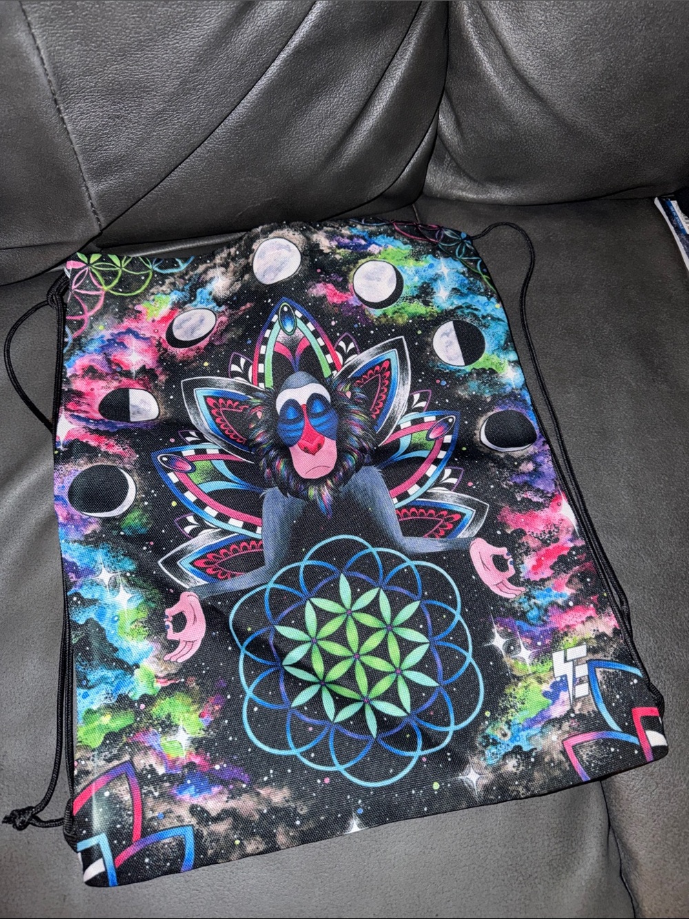 Monkey ape Psychedelic Mandrill Drawstring Backpack with Cosmic Moon Phases